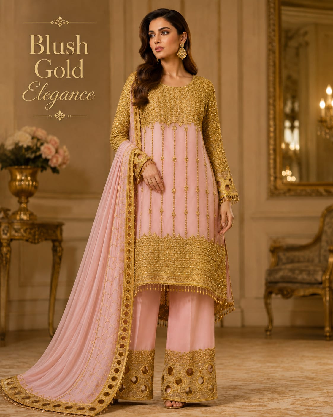 Blush Rose Palazzo Suit with Zari Work