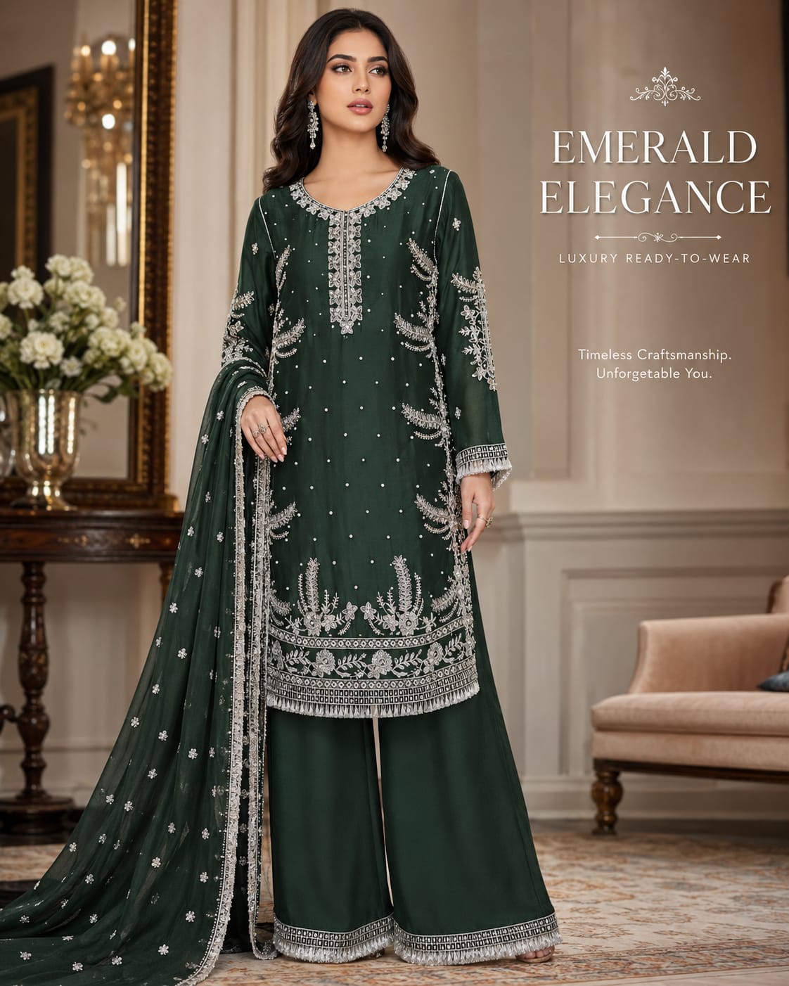 Emerald Chiffon Silver Embellished Ensemble