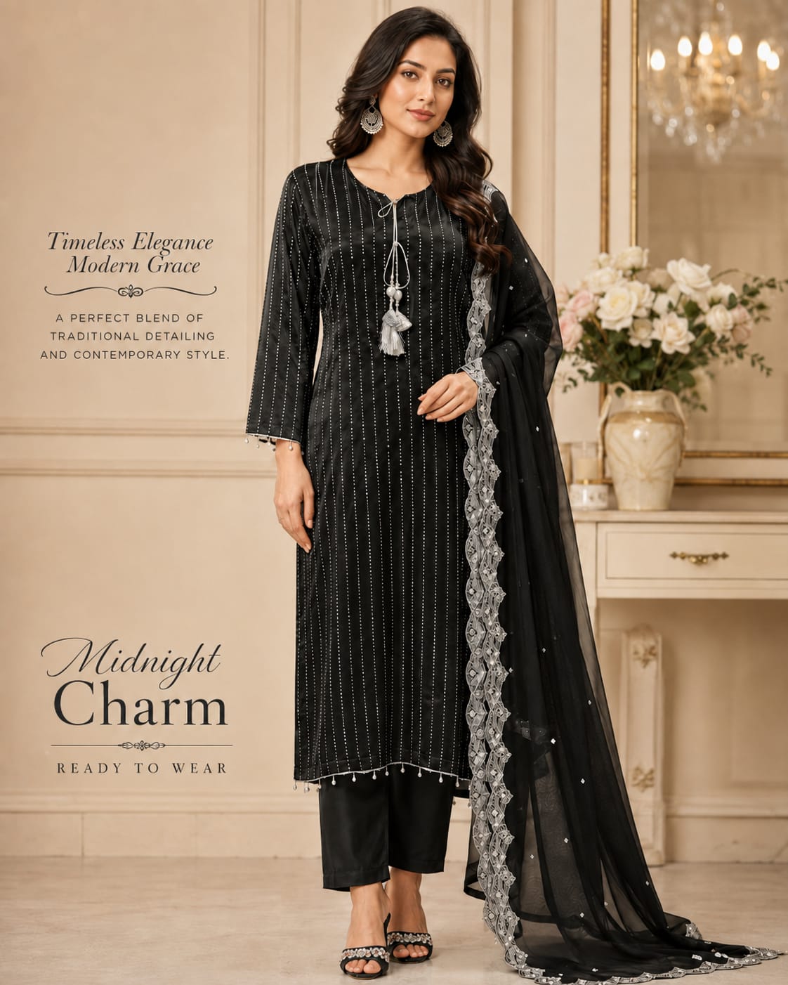 Silver Lace Bordered Festive Suit